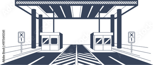 Streamlined, modern toll plaza illustration with multiple lanes and digital payment systems, transportation infrastructure concept for highways, showcasing efficient traffic flow, automation 