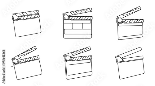 clapperboard , six black Continuous Line Art (Single Line) vector set collection , white background , PNG and SVG