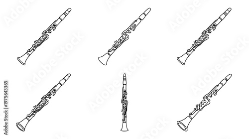 clarinet , six black Continuous Line Art (Single Line) vector set collection , white background , PNG and SVG