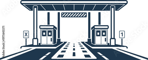 Streamlined, toll plaza design illustration for transportation and infrastructure projects, modern highway checkpoint with automated lanes, easy digital payments, smart transit solutions and clean 