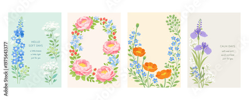 春の花カードセット（デルフィニウム・芍薬・ポピー・菖蒲）やさしい色合いのボタニカルデザイン、Spring Floral Card Set (Delphinium, Peony, Poppy, Iris) Soft Botanical Illustration