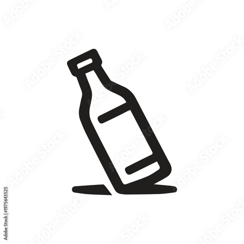 A playful bold line art icon of a tilted beverage bottle with a blank label