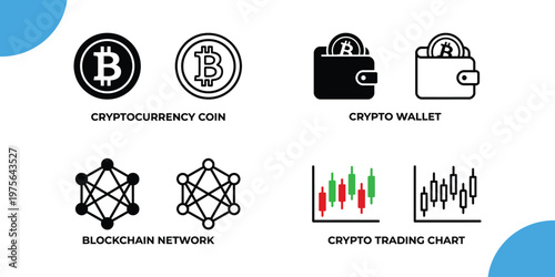 Cryptocurrency finance bitcoin blockchain and digital wallet icons for modern financial investments
