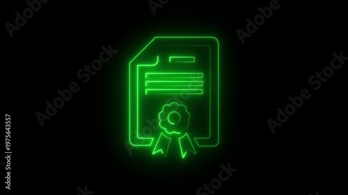 Neon Patent icon isolated on black background. HD Video motion graphic animation, a neon-style illustration of a certificate or document. The illustration is outlined in a bright blue glow. 4k video