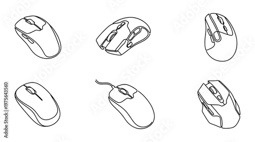 computer mouse , six black Continuous Line Art (Single Line) vector set collection , white background , PNG and SVG