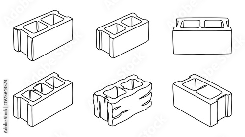 concrete block , six black Continuous Line Art (Single Line) vector set collection , white background , PNG and SVG