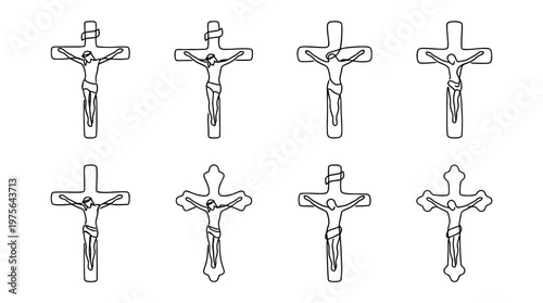 crucifix , six black Continuous Line Art (Single Line) vector set collection , white background , PNG and SVG