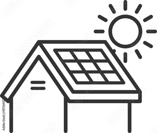 ソーラーパネルを設置した、住宅のアイコン（線画）のイラスト