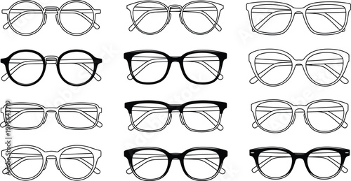 Set of Different Eyeglasses and Sunglasses Designs in Outline Style for Fashion, Accessories, and Eyewear Projects