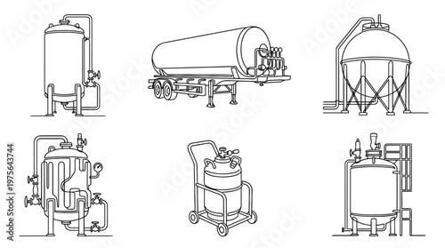 cryogenic tank , six black Continuous Line Art (Single Line) vector set collection , white background , PNG and SVG