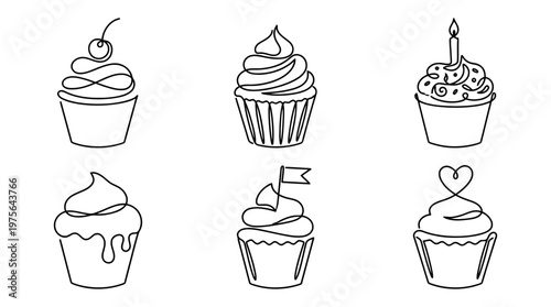 cupcake , six black Continuous Line Art (Single Line) vector set collection , white background , PNG and SVG