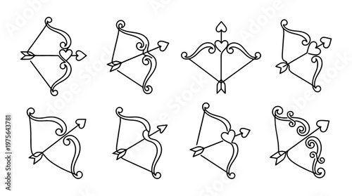 cupid bow , six black Continuous Line Art (Single Line) vector set collection , white background , PNG and SVG