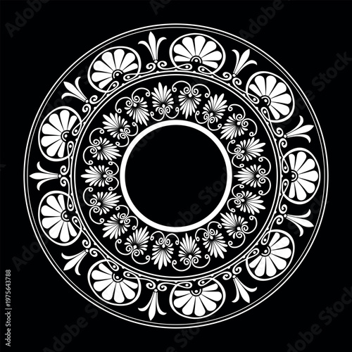 Greek round frame key meander. Circular frame Greek palmette ornament. Classic antique border for stencil, textile, engraving, embroidery, porcelain, Mediterranean ceramic, laser cutting. 