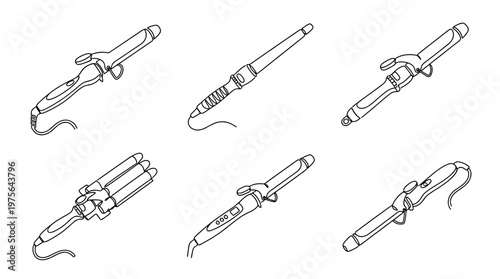 curling iron , six black Continuous Line Art (Single Line) vector set collection , white background , PNG and SVG