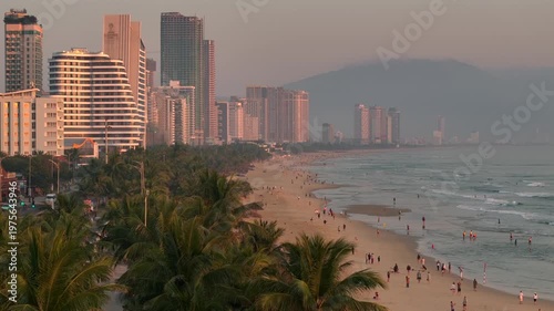 Da Nang coastal city at morning, cityscape with a long Beach, Crowded urban Coastline. Sea vacation, traveliving Vietnam