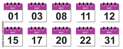 Set of Minimalist May Calendar Icons with Specific Event Dates in Purple and White Flat Vector Style for Monthly Planning and Schedule Management