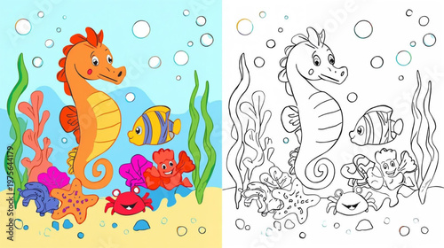 Children’s coloring book page featuring a cheerful underwater scene seahorse, starfish, and crab