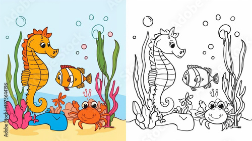 Children’s coloring book page featuring a cheerful underwater scene seahorse, starfish, and crab