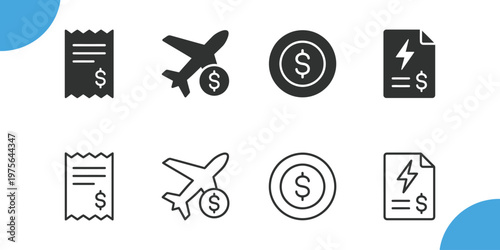 Finance and travel expenses icon set for budgeting investment and financial planning black glyphs