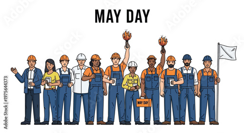 A diverse group of workers celebrates may day with flags and torches