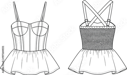 Outline Illustration of Two Fashionable Women's Tops with Corset Design and Ruffled Hem for Clothing and Fashion Design