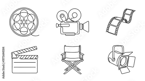 film reel , six black Continuous Line Art (Single Line) vector set collection , white background , PNG and SVG