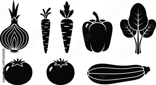 Collection of Black Silhouette Vegetables Including Onion, Carrot, Tomato, Bell Pepper, and Zucchini for Food and Farm Designs