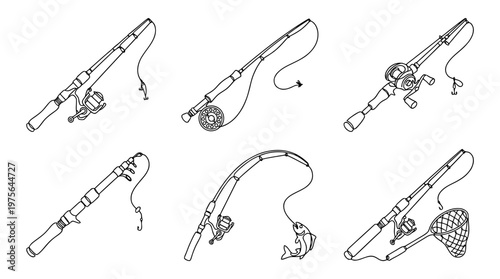 fishing rod , six black Continuous Line Art (Single Line) vector set collection , white background , PNG and SVG