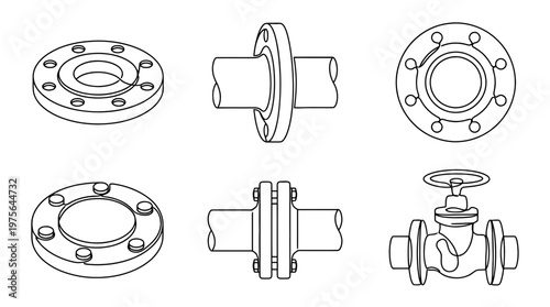 flange , six black Continuous Line Art (Single Line) vector set collection , white background , PNG and SVG