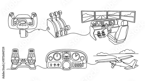 flight simulator , six black Continuous Line Art (Single Line) vector set collection , white background , PNG and SVG
