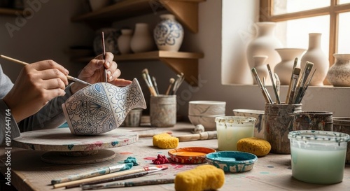 Artisan meticulously applies intricate blue designs onto a ceramic vase using fine brushes