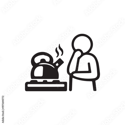 Stick figure observing a hot kettle on a cooker patiently awaiting tea