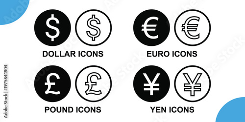 Global finance currency symbols us dollar euro british pound and japanese yen icons for financial analysis