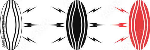 Three, minimalist muscle icons with pain indicators in outline, solid and red styles, representing myalgia, orthopedic care, physical therapy treatment, anatomy study and modern medical design element