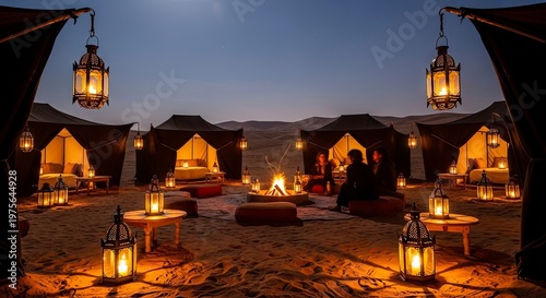 Desert encampment glows with numerous ornate lanterns under a twilight sky