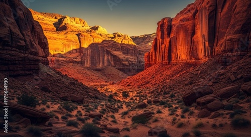 Majestic desert canyon walls glow intensely under the setting sun illuminating the arid valley floor