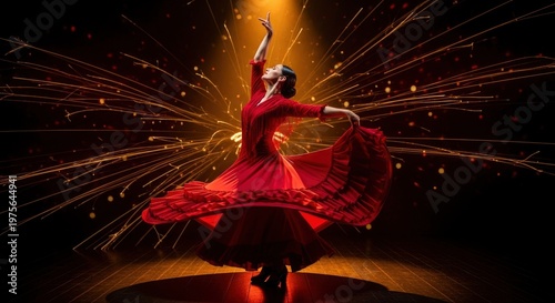 Female performer executes dramatic spin on stage under warm spotlight with energetic sparks effect