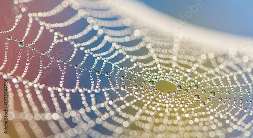 Intricate structure of an orb weaver web adorned with glistening morning dew droplets
