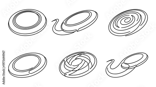 frisbee , six black Continuous Line Art (Single Line) vector set collection , white background , PNG and SVG