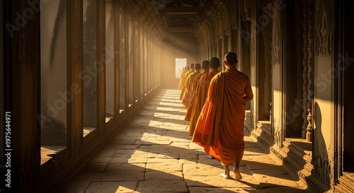 Monks clad in saffron robes proceed down an ancient stone corridor illuminated by bright light