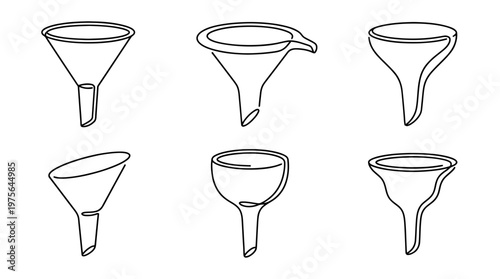 funnel , six black Continuous Line Art (Single Line) vector set collection , white background , PNG and SVG