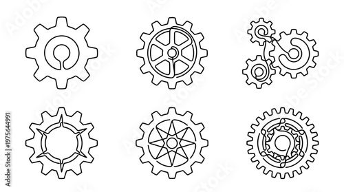 gear , six black Continuous Line Art (Single Line) vector set collection , white background , PNG and SVG