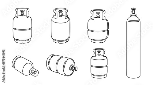gas cylinder , six black Continuous Line Art (Single Line) vector set collection , white background , PNG and SVG