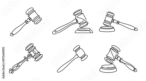 gavel , six black Continuous Line Art (Single Line) vector set collection , white background , PNG and SVG