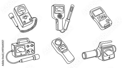geiger counter , six black Continuous Line Art (Single Line) vector set collection , white background , PNG and SVG