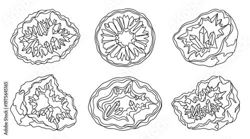 geode , six black Continuous Line Art (Single Line) vector set collection , white background , PNG and SVG