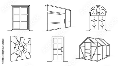 glass pane , six black Continuous Line Art (Single Line) vector set collection , white background , PNG and SVG