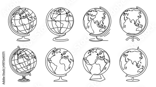 globe , six black Continuous Line Art (Single Line) vector set collection , white background , PNG and SVG