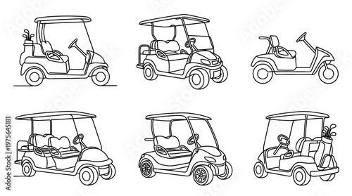 golf cart , six black Continuous Line Art (Single Line) vector set collection , white background , PNG and SVG