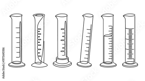graduated cylinder , six black Continuous Line Art (Single Line) vector set collection , white background , PNG and SVG
